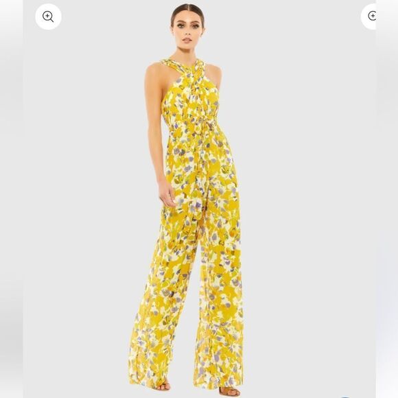 NWT Mac Duggal Ieena Yellow Crossed Halter Tie Waist Jumpsuit floral print Sz 6 - Picture 1 of 15